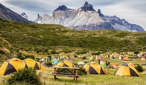 A campsite with tents on the W trek