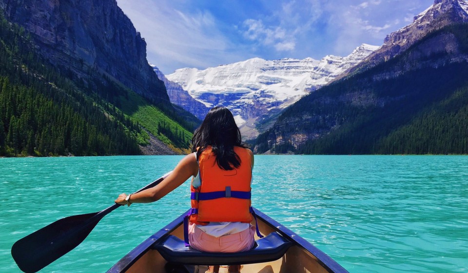 Canoeing on Lake Louise in Banff National Park. 