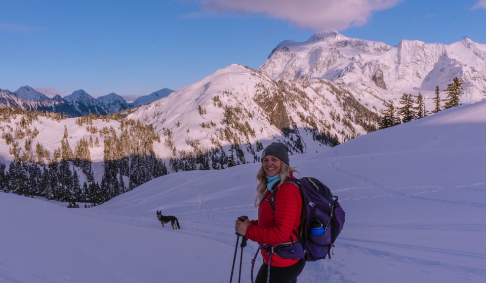 Snowshoeing at sunset in the North Cascades