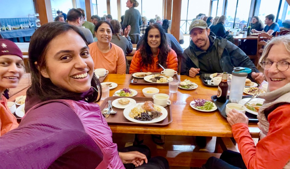 Trekkers having a meal at Refugio Paine Grande