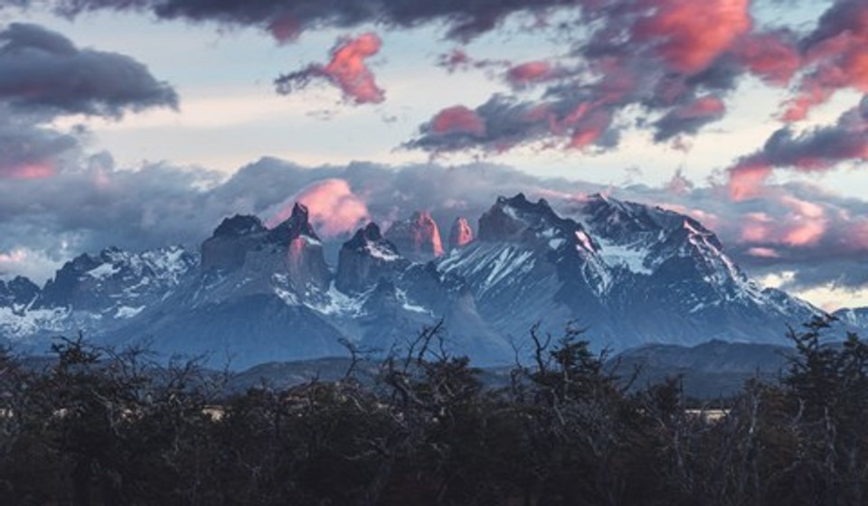 Views of jagged peaks in the Chilean Patagonia at sunset