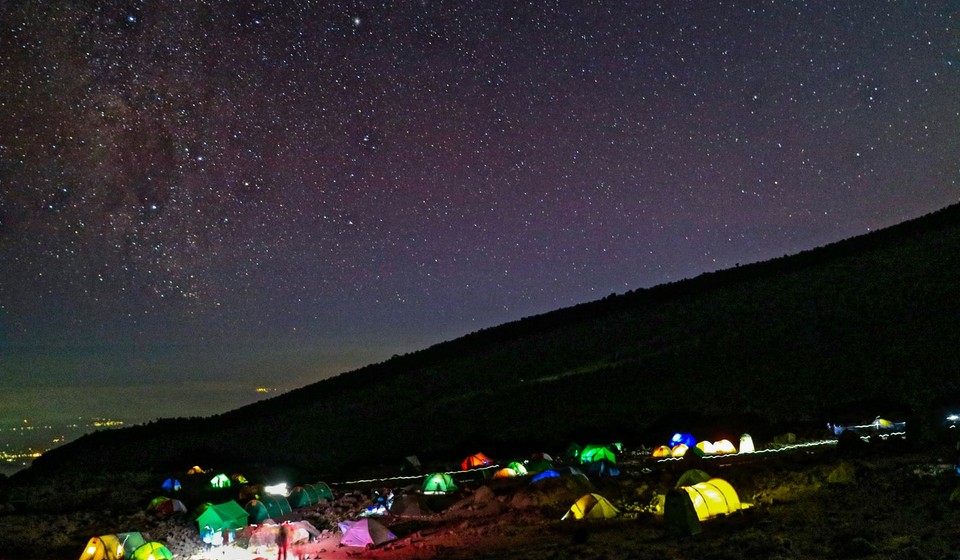 Camp on the climb up mt kilimanjaro, at night