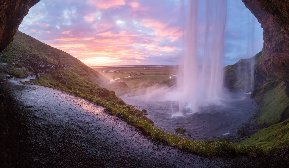 View from behind the Seljalandsfoss waterfall in Iceland
