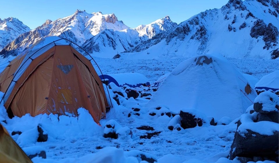 Tent at a campsite along the Northwest Ridge climbing route on Aconcagua 