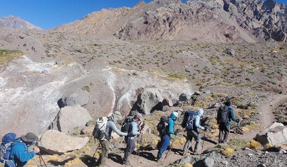 Climbers making their way up Aconcagua in the Argentine Andes